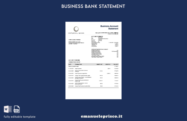 modello di estratto conto aziendale della South African Imperial Bank in stile v